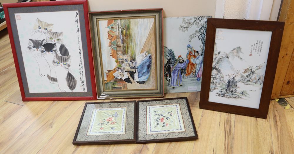 Two Chinese Republic period porcelain plaques, 43 x 27cm and four assorted pictures